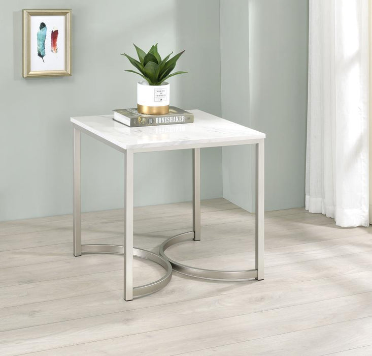 Leona - Square Faux Marble Side End Table - Satin Nickel