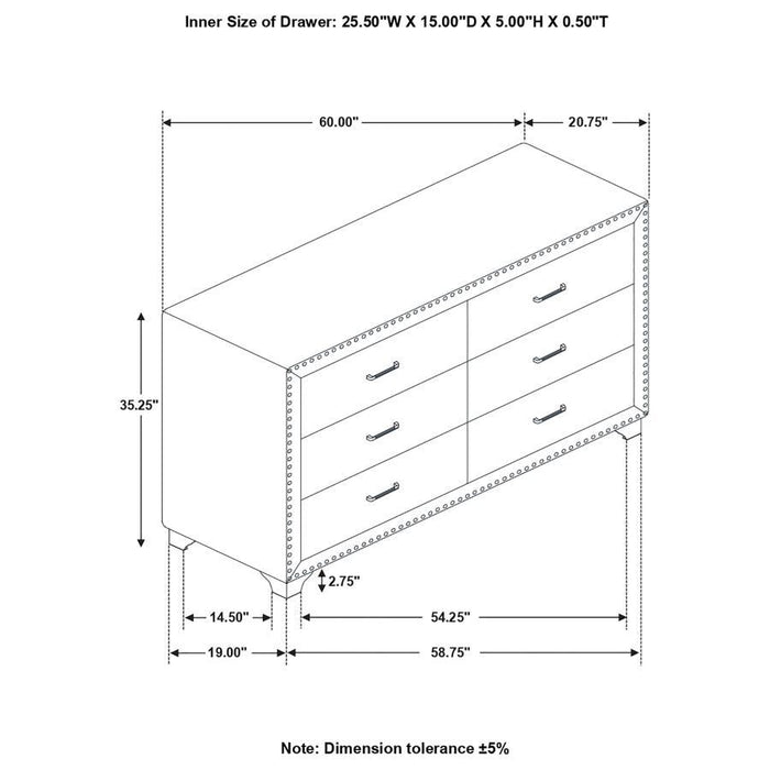 Melody - 6-Drawer Upholstered Dresser