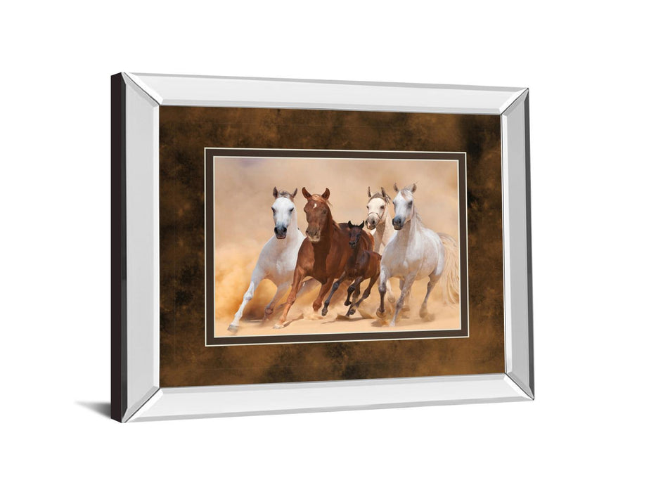 Horses In Dust By Loya_ya - Mirror Framed Print Wall Art - Dark Brown