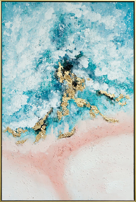 Hand Painted Textured Canvas With Foil In Frame Seashore In Gold - Blue