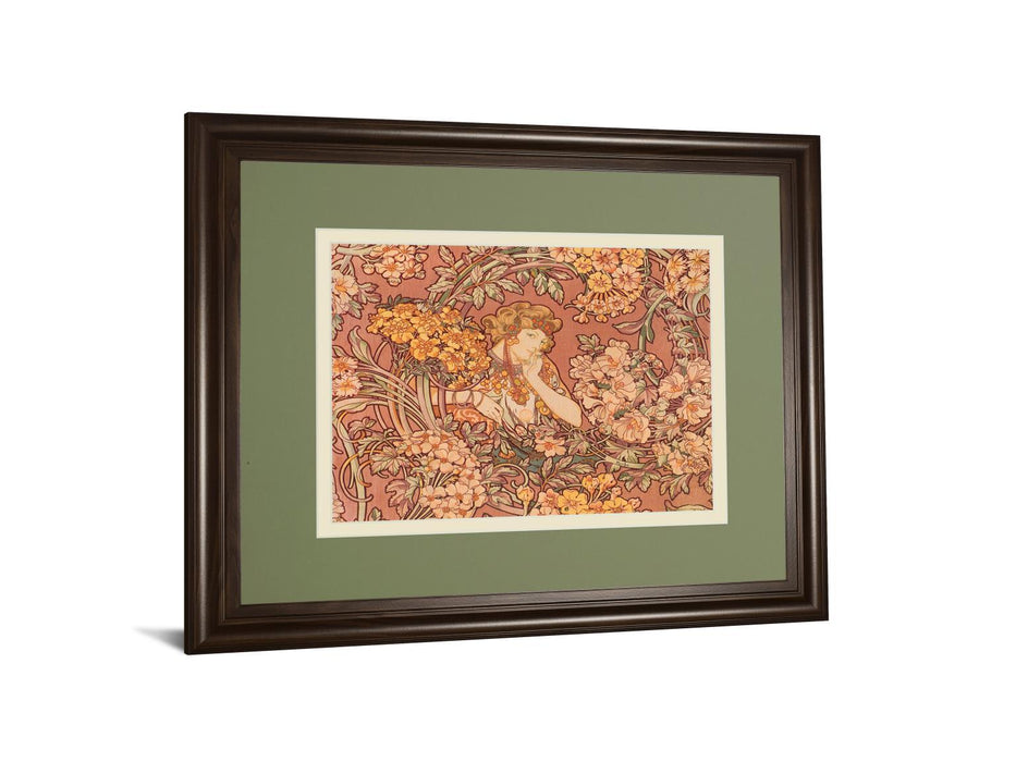 Redhead Among Flowers By Alphonse Mucha - Framed Print Wall Art - Pink