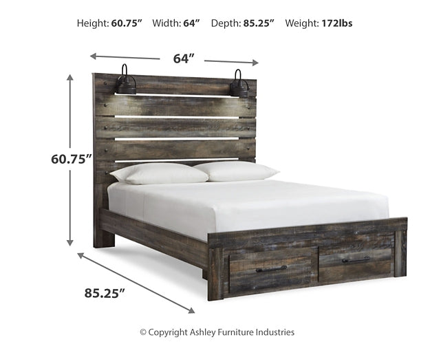 Drystan Queen Panel Bed with 2 Storage Drawers with Mirrored Dresser