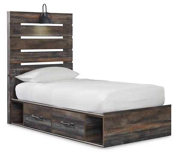 Drystan Twin Panel Bed with 4 Storage Drawers with Mirrored Dresser, Chest and 2 Nightstands