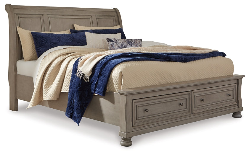 Lettner King Sleigh Bed with 2 Storage Drawers with Mirrored Dresser, Chest and Nightstand