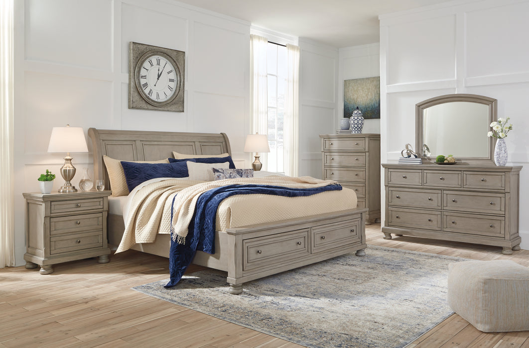 Lettner King Sleigh Bed with 2 Storage Drawers with Mirrored Dresser and 2 Nightstands