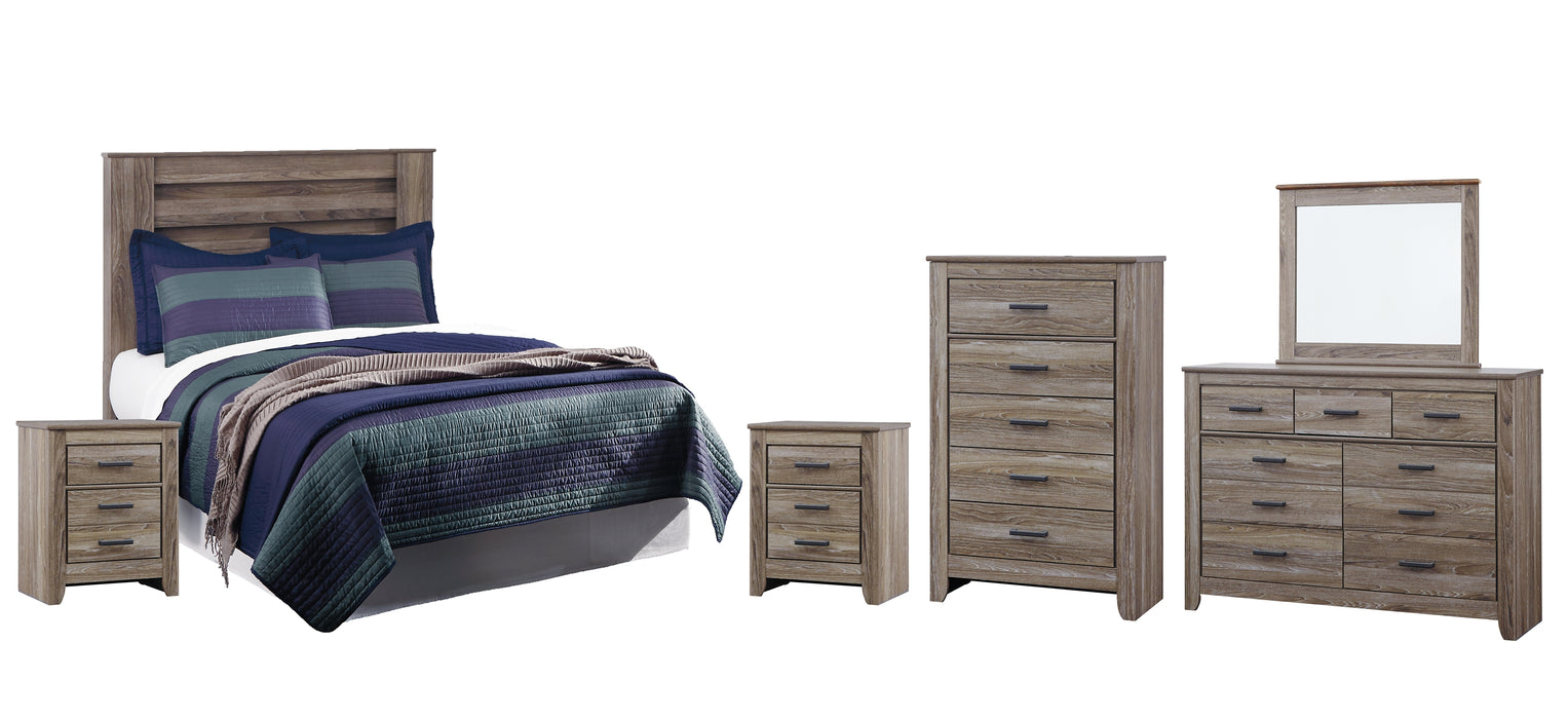 Zelen Full Panel Headboard with Mirrored Dresser, Chest and 2 Nightstands