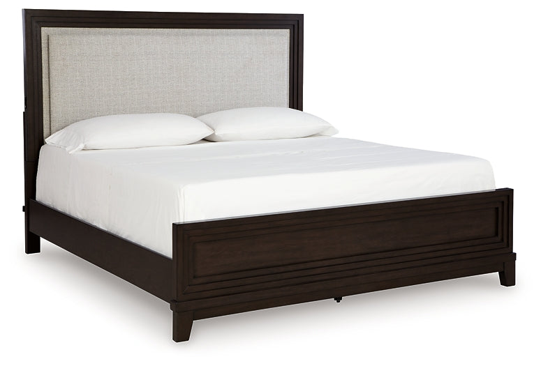 Neymorton California King Upholstered Panel Bed with Mirrored Dresser, Chest and 2 Nightstands